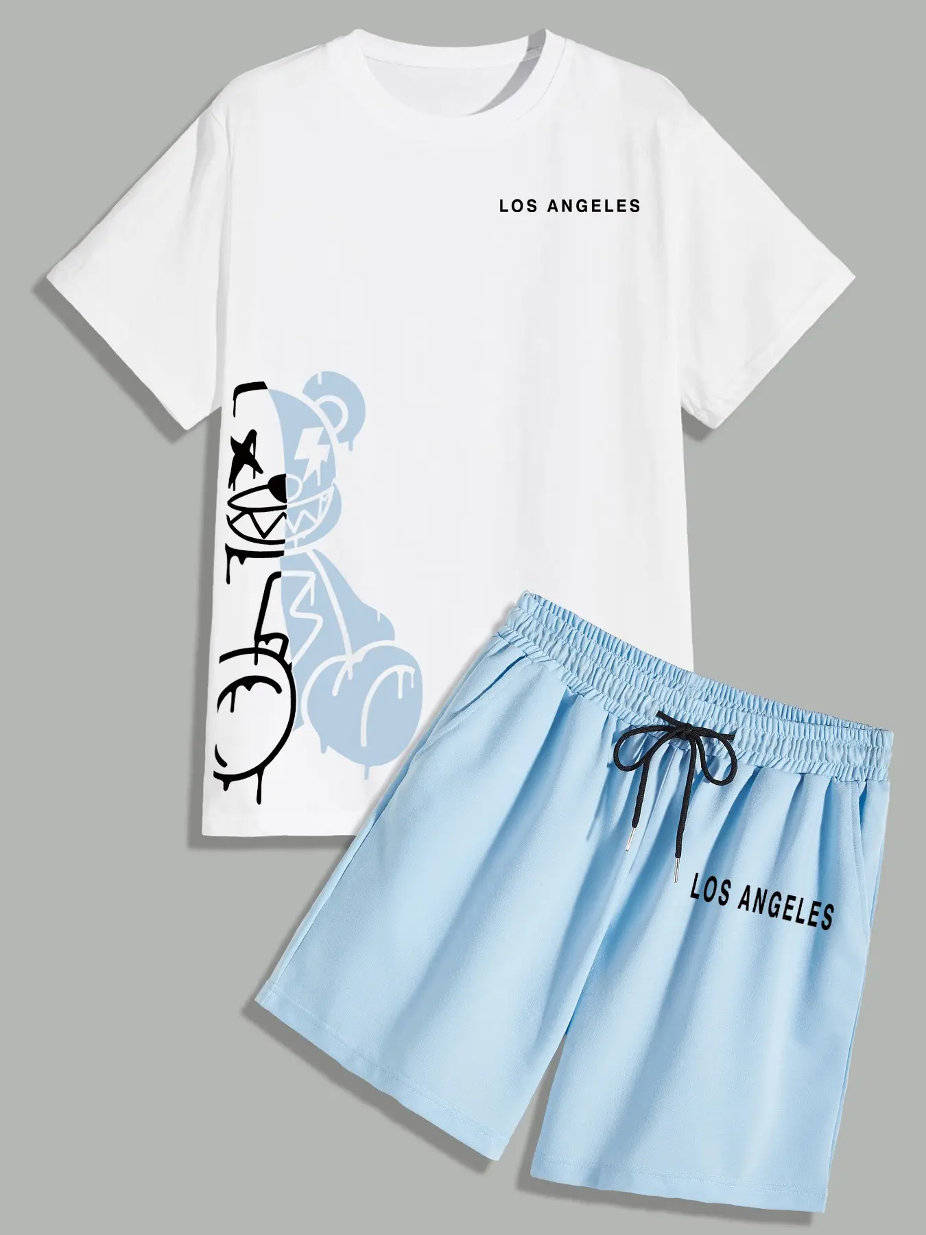 Streetwear Fashion Menswear Men's Summer Tropical 2-Piece Set: Graffiti Bear Graphic Tee Set Round Neck T-Shirt and Shorts, Breathable Urban Casual Matching Outfit for Y2K Aesthetic Daily Wear