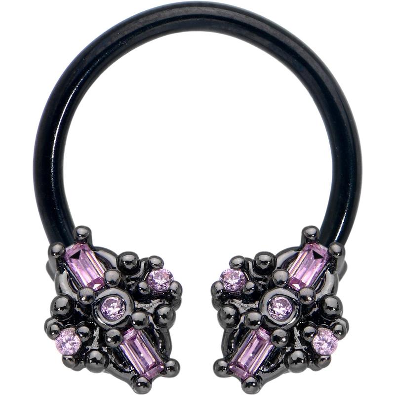 16G 3/8 Pink Gem Black Opulent Cross Horseshoe Circular Barbell