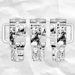 Manga Bakugo Character Panels Pattern 40oz Handle Tumbler – Retro Fantasy Stainless Steel Travel Mug, Hawkins Inspired Horror Cup, Double Wall Thermal Drinkware, Large Iced Coffee Tumbler, Gift for TV Show & Dungeon Game Fans