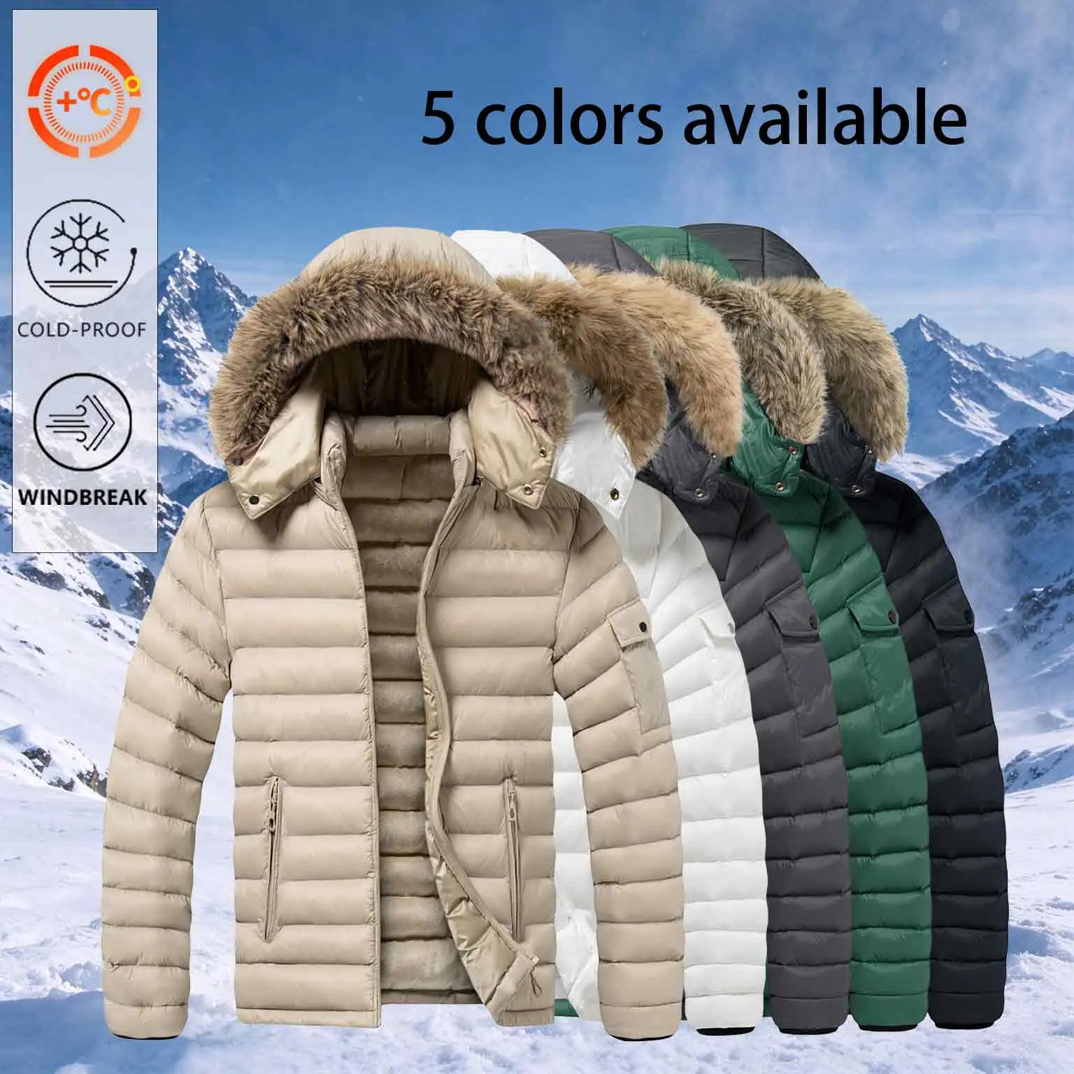 Men’s hooded jacket with fur collar, thick winter outerwear for warmth, mid-length design, outdoor windproof, available in multiple colors, detachable hood.