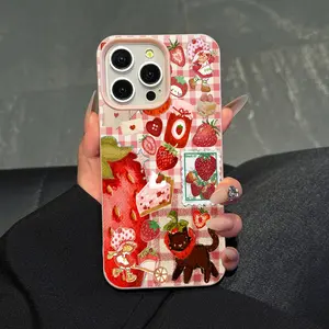 TPU shock-resistant and fall-resistant APPLE cute black cat strawberry pink splicing pattern mobile phone protective case girl suitable for IPHONE16 15 14 13 12 11PRO PROMAX PLUS XS MAX