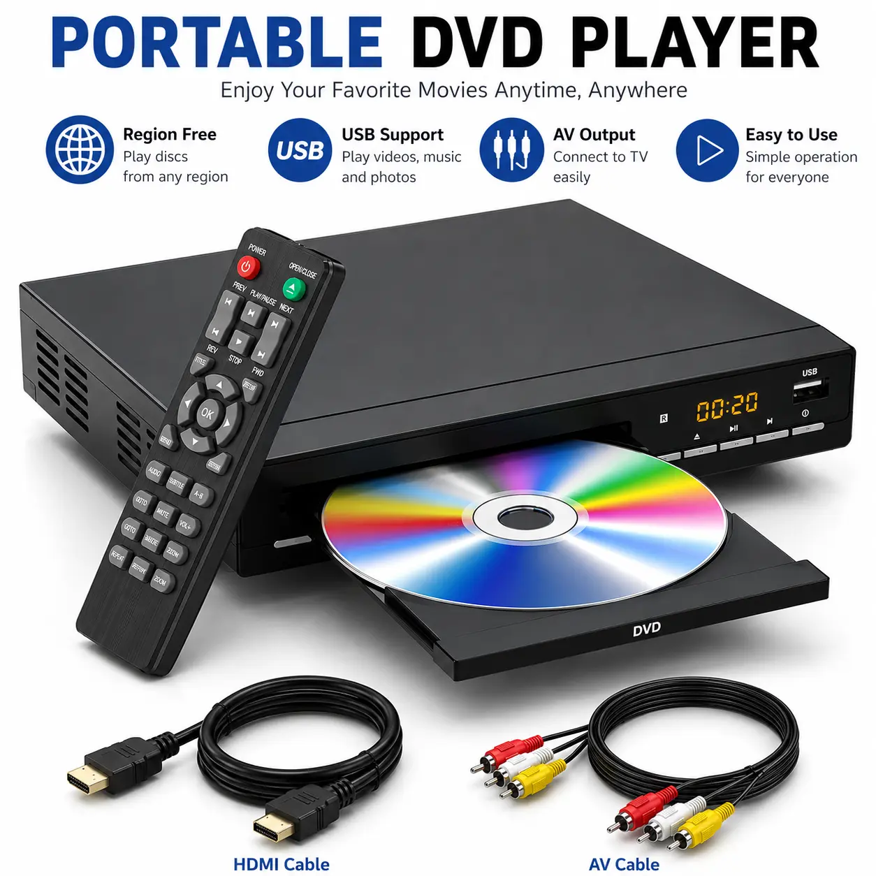Region-Free Digital DVD Video Player - 1080p HD, Wired, USB Port, Remote Ctrl, TV Connected, Durable Design for Home Entertainment Audio CD, Hd Display