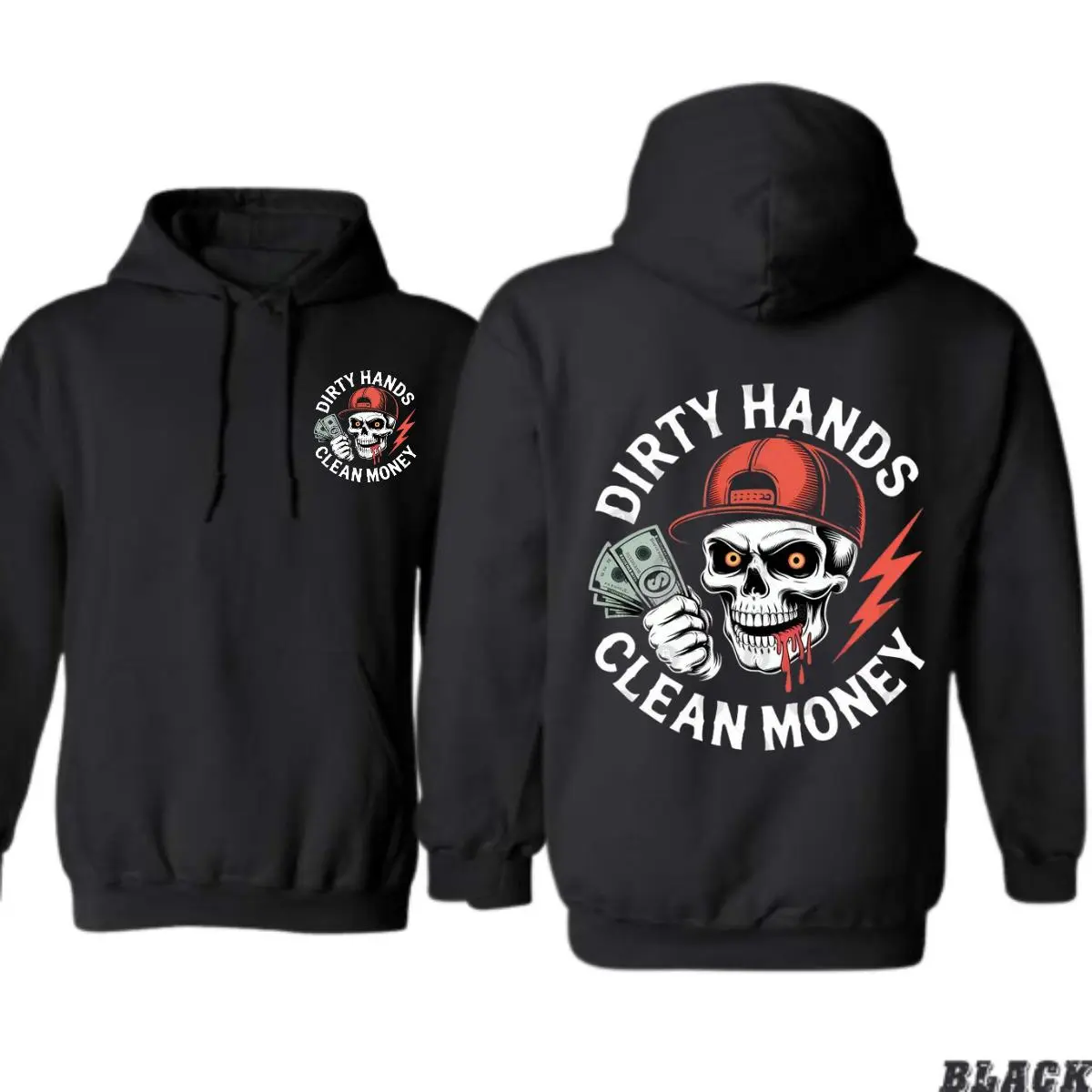 Work Hard Hoodie – “Dirty Hands Clean Money” Design – Funny Skull with Cash Graphic – Great Christmas Gift for Construction and Diesel Guys Menswear Sweatshirts