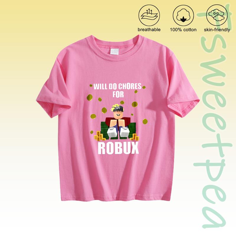 Pink Crew Neck Short Sleeve T Shirt With Roblox Character And Will Do Chores For Robux Graphic Print Soft Breathable 100 Cotton Skin Friendly Casual Top For Spring Summer Everyday Wear Vacation Outfit Student Comfortable