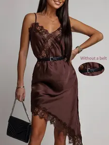 Women's Chocolate  Satin Slip Dress - Lace Trim Asymmetrical Hem Cocktail Gown