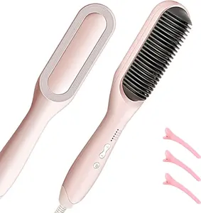 Ionic Hair Straightener Brush for Women with 5 Temp Settings Fast Heating Dual Voltage Anti-Scald Comb for Smooth Hair Styling