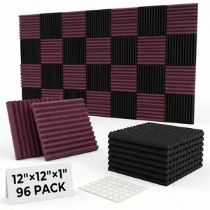 96  Soundproof Foam Panels, 1x12x12 Inch High-Density Acoustic Boards, Noise Reduction Studio Wedges for Walls（Black and Wine Red)