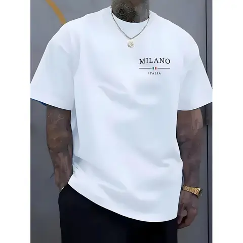Men's Breathable Oversized Round Neck Short Sleeve Cotton Retro Graphic Casual Unisex Tops - Soft Boxy Fit Streetwear with Milano Italia Chest Slogan Digital Print, Summer Sports Party Top