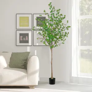 6FT Artificial Enkianthus Tree, Realistic Emerald Green Potted Faux Tree with Textured Leaves, Indoor-Outdoor Home Decor for Living Room, Ideal Housewarming Gift for Home Office Use