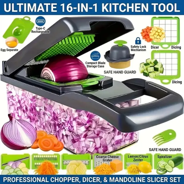 16-in-1 Vegetable Chopper & Food Slicer - Multifunction Kitchen Tool: Onion Dicer, Fruit Cutter, Mandoline with Storage Container