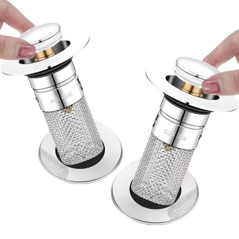 Sink Pop-Up Drain Strainer 2-Pack Stainless Steel Removable Anti-Clog Filter Basket Stopper for Bathroom Kitchen