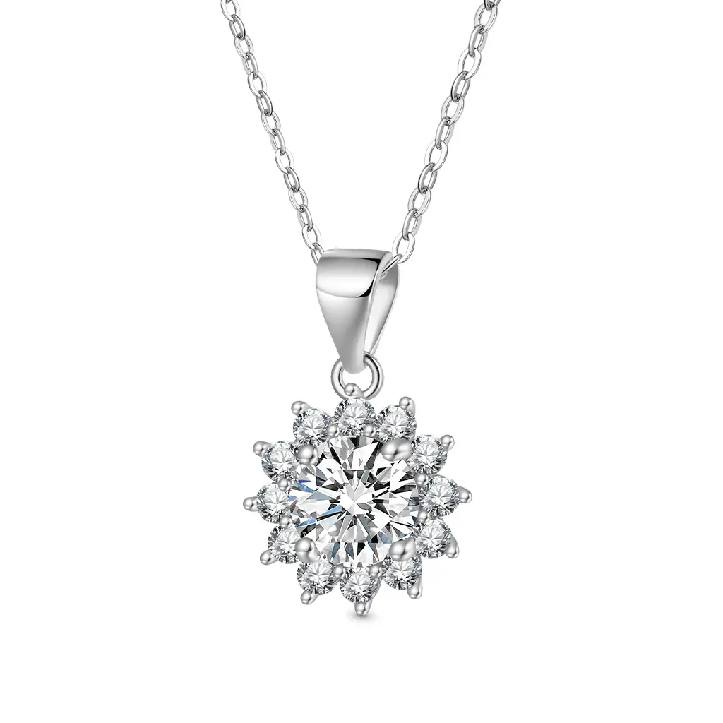 GNOCE Elegant Sunflower Flower Pendant Necklace - Platinum-Plated S925 Sterling Silver, 1-Carat Round Cut VVS Moissanite, Unisex Valentine's Day Gift