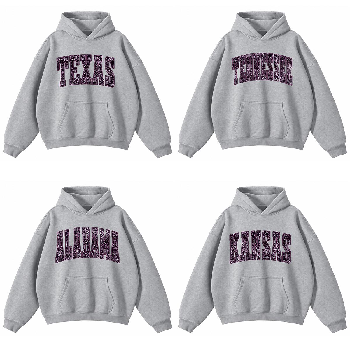 Purple Leopard State Name Hoodie, Texas Tennessee Alabama Kansas Sweatshirt, Vintage Collegiate Letter Graphic Pullover, Sport Grey Southern Style Hoodie, Cozy Fall Winter Gift for Women Men -DF