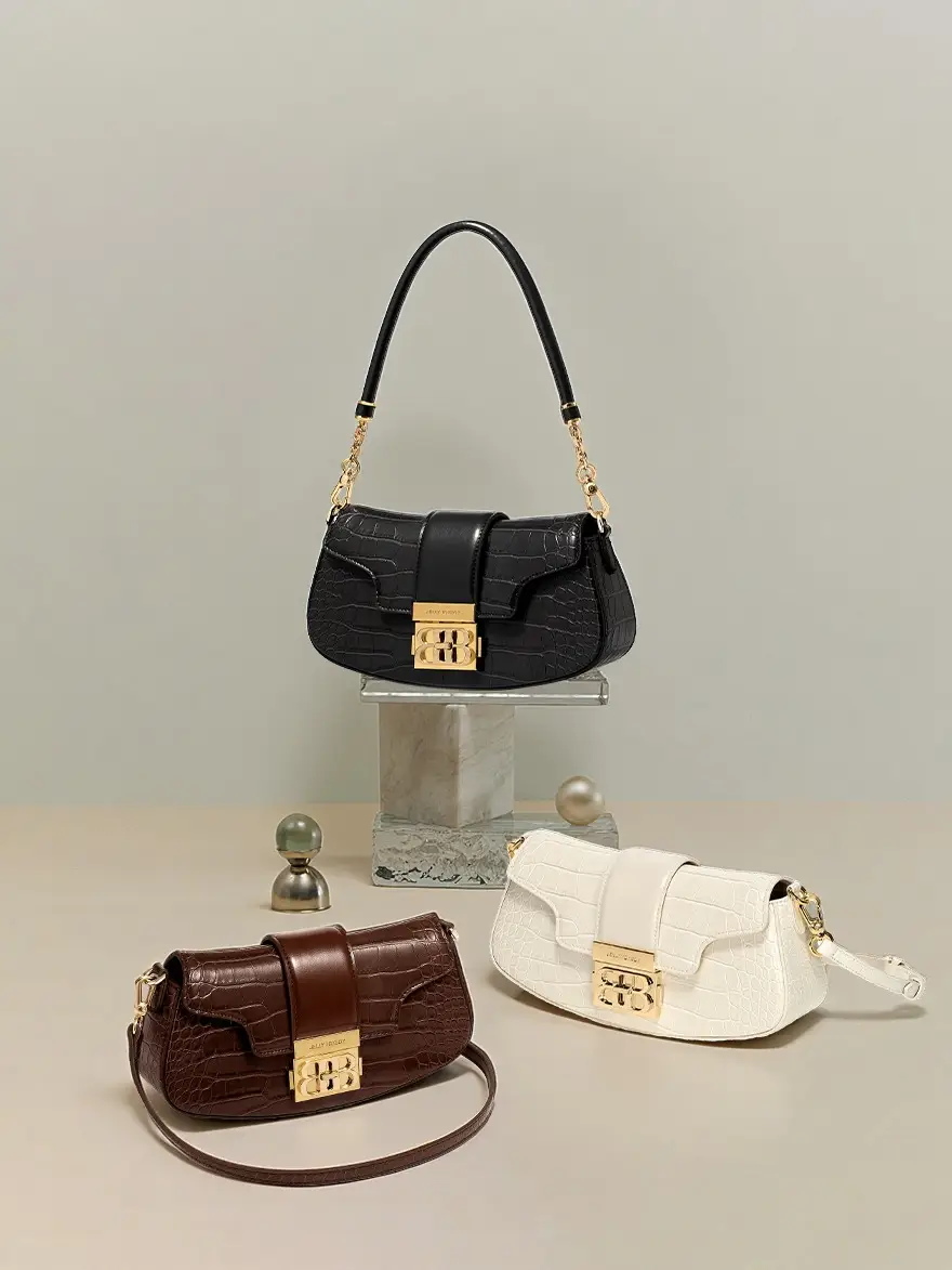 JellyToyBoy Rocking Bag Luxury Niche Shoulder Crocodile-Embossed Smooth Leather Compact Spacious Everyday Purse with Zip Closure