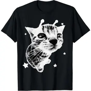 Y2K Alien Cat Meme Retro Silly Cat Vintage Kitty Funny Shirt T-Shirt Pure Cotton Graphic Tees Menswear Top: Gifts for Men & Women
