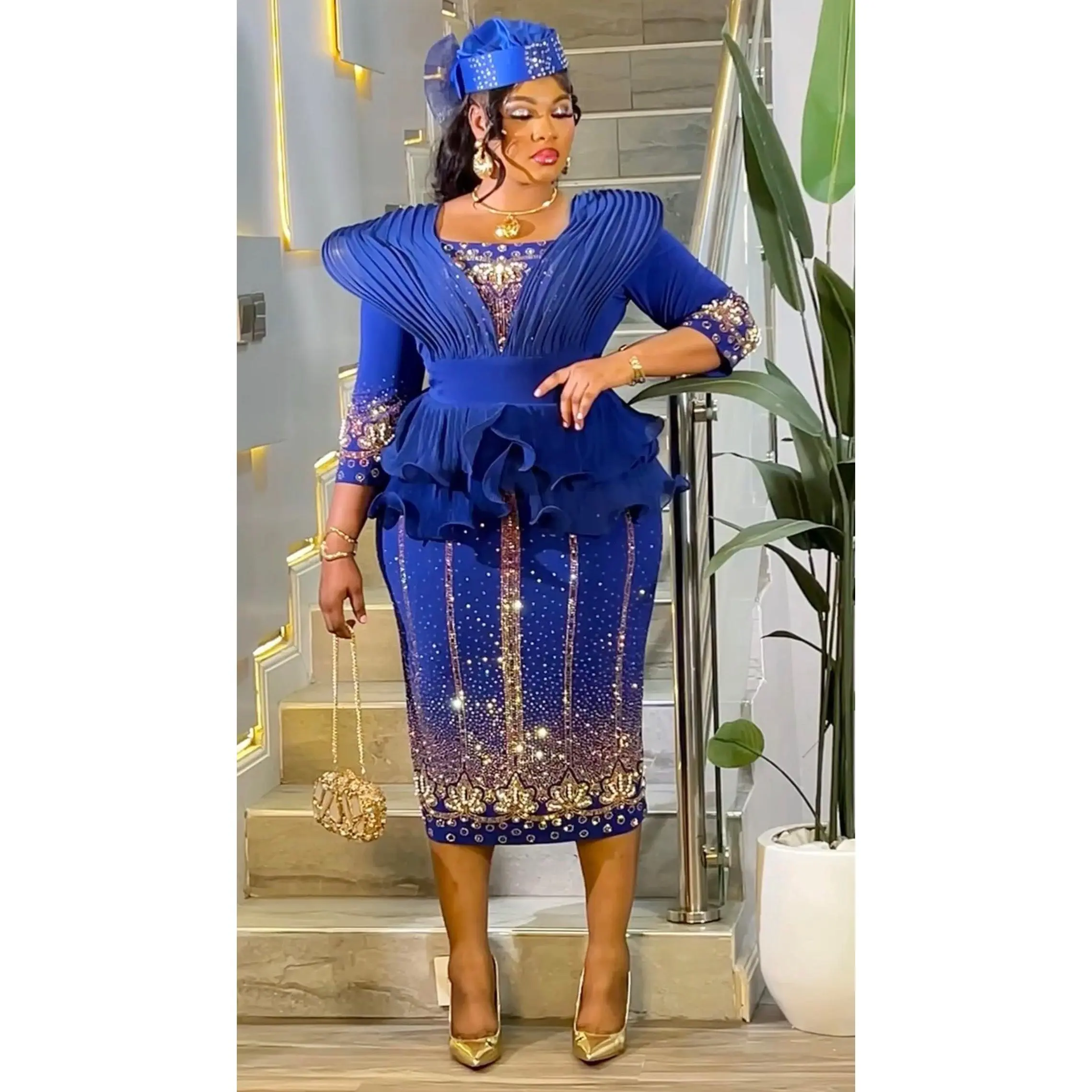 Blue Dramatic Ruffle Shoulder Rhinestone-Embellished Peplum Midi Dress:  Wedding Guest Cocktail Birthday Dinner - TikTok Shop