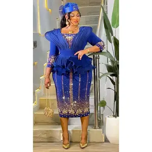 Blue Dramatic Ruffle Shoulder Rhinestone-Embellished Peplum Midi Dress: Wedding Guest Cocktail Birthday Dinner