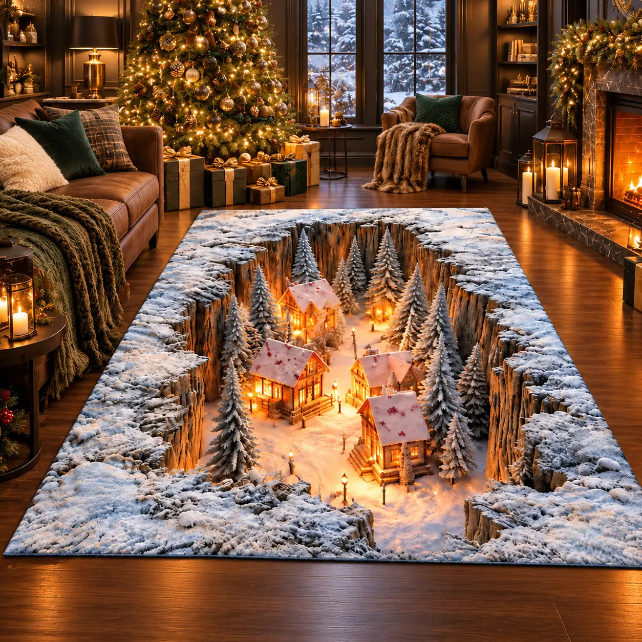 3D Christmas Village Area Rug, Snowy Winter Wonderland Carpet, Glowing Cottage Canyon Illusion Floor Mat, Blue Ice Snow Landscape Rug, Cozy Christmas Home Decor, Unique Holiday Gift for Winter Lovers