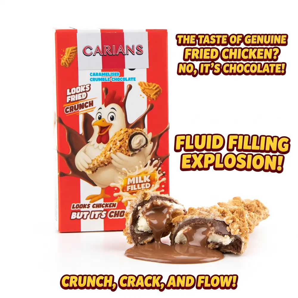 CARIAN'S Fried Chicken Shaped Caramelized Biscuit Crumble - The Ultimate Prank Snack, Milk Filled Novelty Crumbles, Gourmet Chocolate Candy, Crispy Texture & Premium Chocolate, Fun Gift For Pranks, Watch Parties - 3,52 oz (Pack of 2), Ice-Packaging