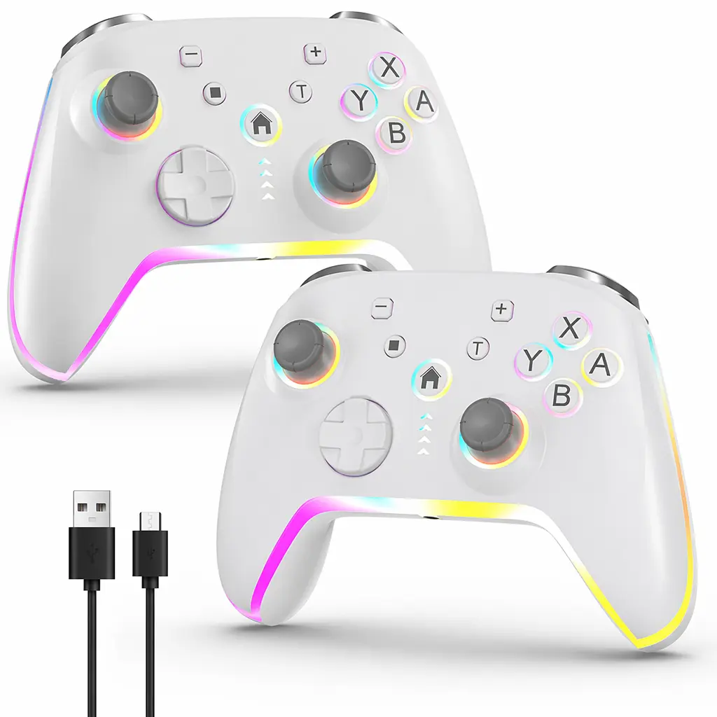 RUNTOGOL 2 pcs Wireless Pro clear Controller for Switch/Switch 2/Lite/OLED/PC & Android/iOS, Gamepad with 7 Color-Changing RGB Lighting/Dual Vibration/ 6-Axis Gyroscope/Turbo, 6-axis Ergonomically Designed Precise effect Joystick, Accessories, Console