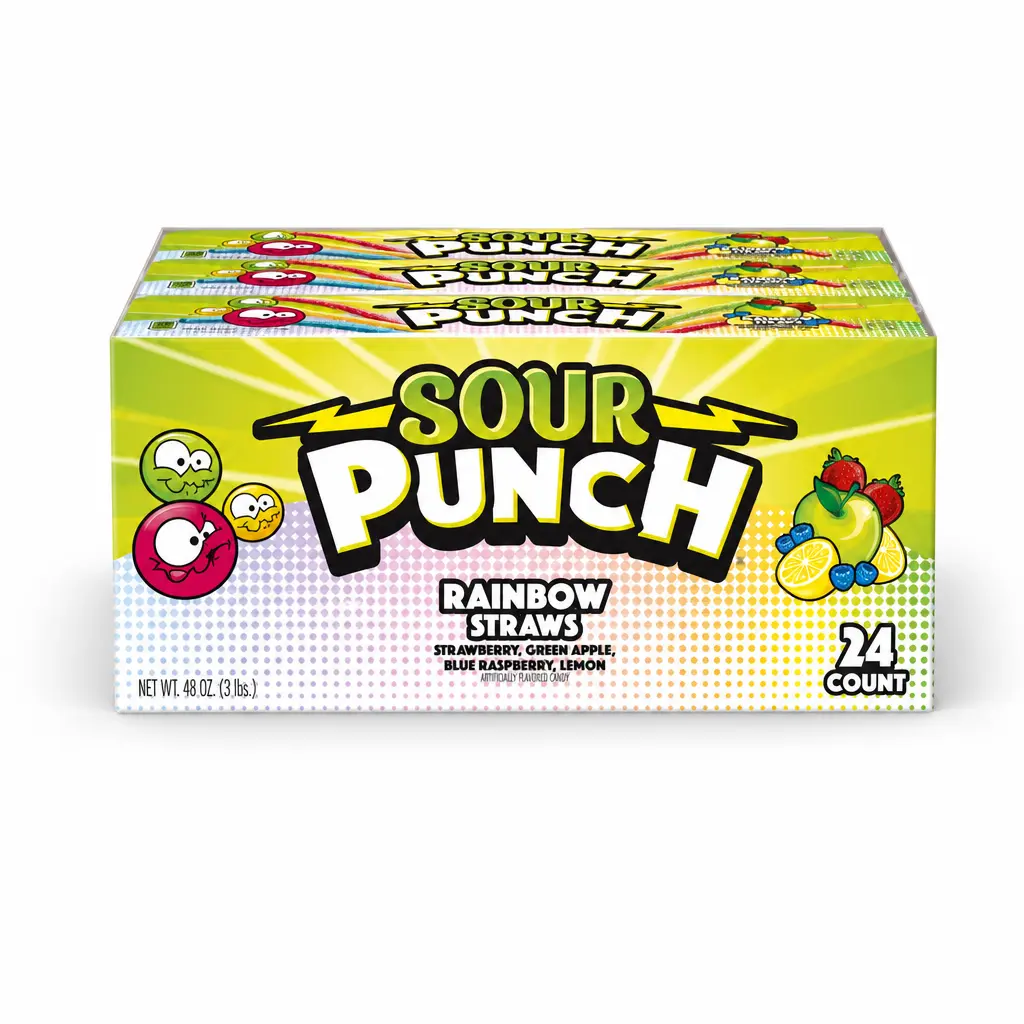 Sour Punch Rainbow Straws Candy, 2 oz Bars, Rainbow Fruit Flavors, 24 Count Box, 2oz