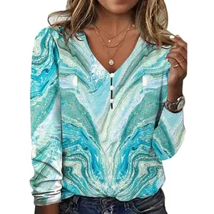Women's V-neck Starry Sky Tie-dye Pearl Button Long Sleeve T-shirt Shirt Top Casual Fitted Blouse Red