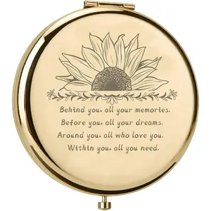 Metal Compact Pocket Mirror Sunflower Double-Sided Folding Makeup Mirror Travel Portable Behind You All Your Memories Gifts for Women mum Daughter with Velvet Pouches Golden Gold