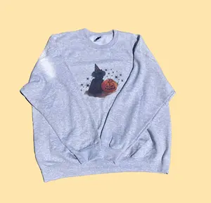 Spooky Cat Crewneck - Vintage Wash Ash Gray Halloween Spooky Season Crewneck Cotton Polyester Womenswear Comfort Costume Hoodie Grey Style