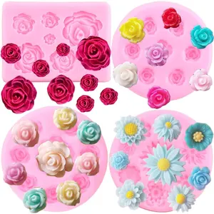 Rose Flower Silicone Molds Daisy Flower Fondant Mold For Cake Decorating Cupcake Topper Candy Polymer Clay Chocolate Gum Paste Set of 4