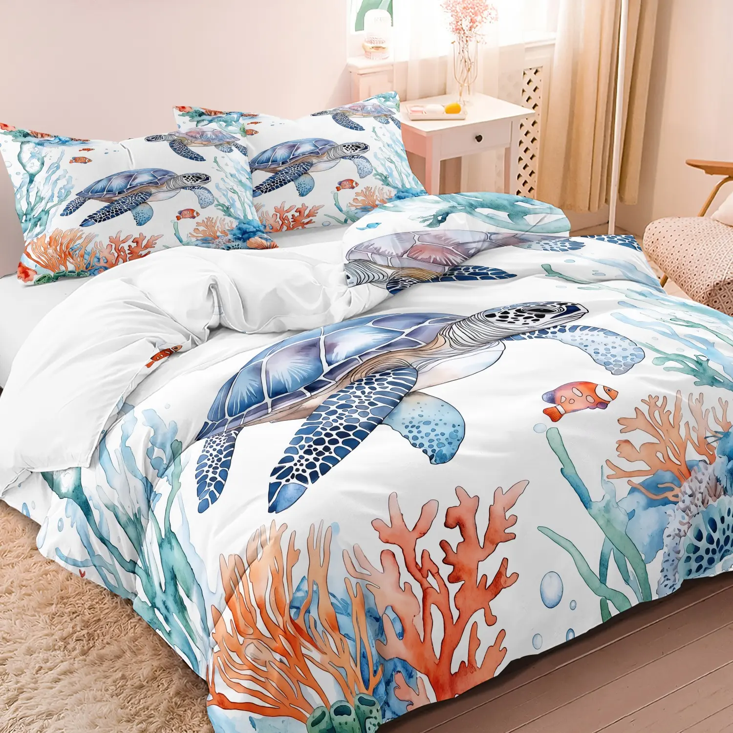 3pcs Set Tropical Coral Reef Turtle Duvet Cover, Vivid Underwater Scenery Theme Bedding Set with Marine Elements, Perfect for Summer Beach Bedroom, Youth Dorm, Resort Hotel & Home Daily Use (1 Duvet Cover + 2 Pillowcases, No Comforter, No Pillow)