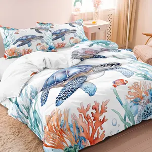 3pcs Set Tropical Coral Reef Turtle Duvet Cover, Vivid Underwater Scenery Bedding with Marine Elements, Perfect for Summer Beach Bedroom, Youth Dorm, Resort Hotel & Home Daily Use (1 Duvet Cover + 2 Pillowcases, No Comforter, No Pillow)
