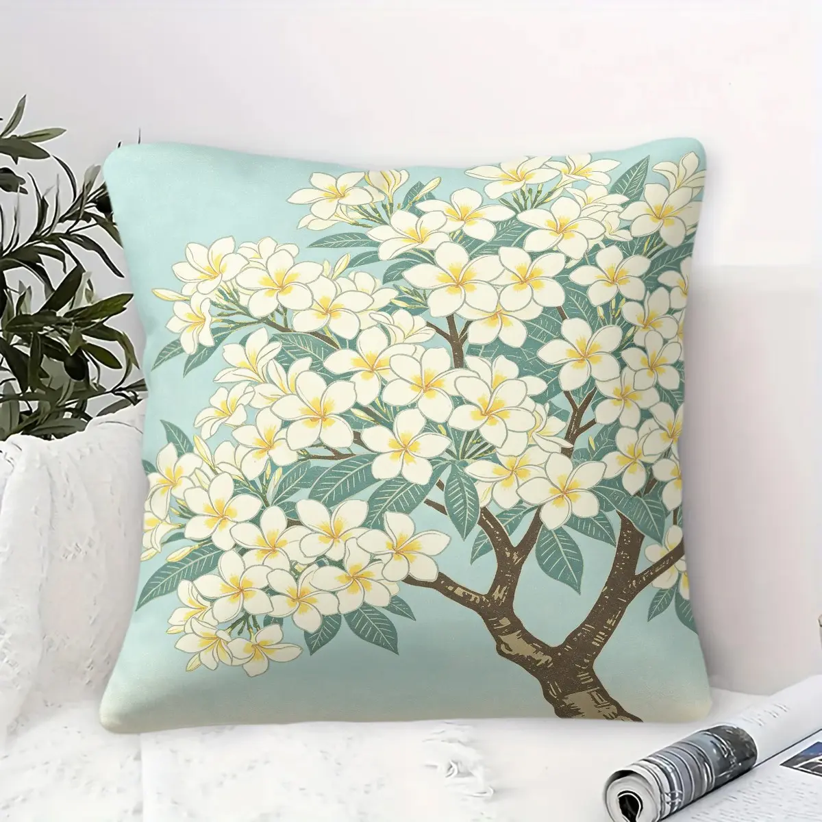 Fresh Art Botanical Flower Throw Pillow, Minimalist Ins Style Plumeria Fruit Tree Print Cushion, Soft Cozy Lumbar Pillow For Sofa Bed, Home Living Room Bedroom Decor Pillow With Insert