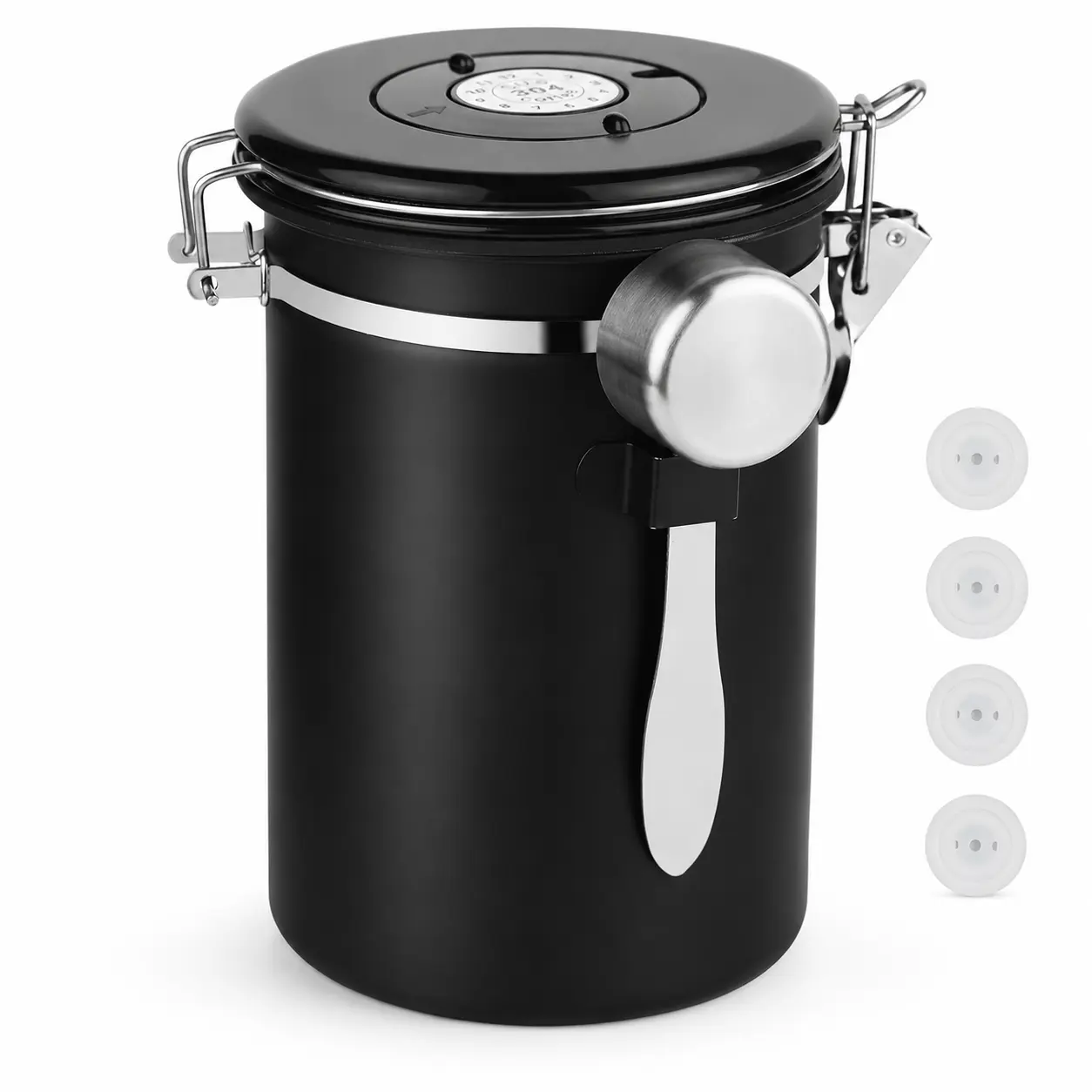Coffee Canister for Beans, Airtight Coffee Storage Container with Date Tracker Lid, Stainless Steel Scoop & 4 Replacement Valves, Black