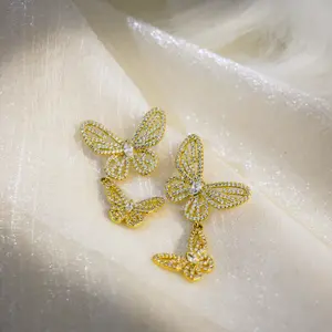 Romantic Ethereal 18K White Gold Plated S925 Post Double Butterfly MicroPavé Stud Earrings Hypoallergenic Lightweight Statement Jewelry for Bridal Wedding Gifts Free Experess