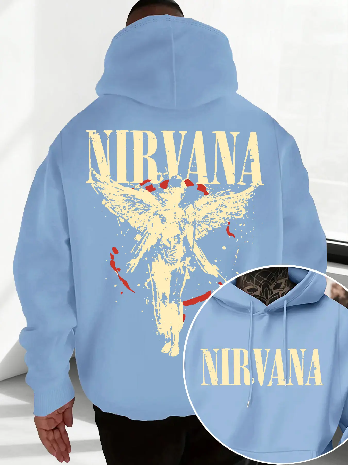 Men's Fall Winter Trendy Nirvana Angel Print Hoodie, Casual Fall Streetwear, Casual Sweatshirt Hoodie, Casual Fitted Kangaroo Pocket, Drawstring Cap Design