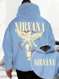 Men's Fall Winter Trendy Nirvana Angel Print Hoodie, Casual Sweatshirt Hoodie, Casual Fitted Kangaroo Pocket, Drawstring Cap Design