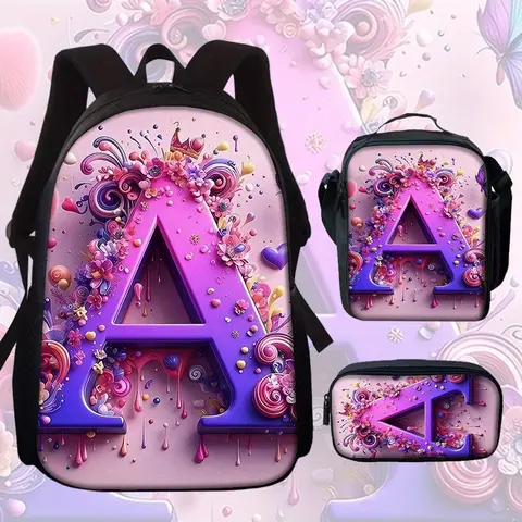 Unisex 3D Pink-Purple Gradient Initial Letters Backpack Set (3PCS) - 600D Oxford Cloth, 15in Laptop Compatible, Adjustable Straps, with Lunch Box & Pencil Case, for School Use, Unisex Names, 3D Pink Backpacks