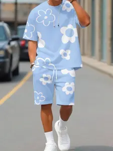 Men's 3D Printed Short Sleeve Top and Shorts Two-Piece Set, Casual Fitted Design, All over Print, Summer Fashion, Floral