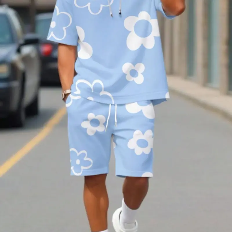 Men's 3D Printed Floral Short Sleeve Top and Shorts Matching Two-Piece Set, Fitted Outfit Sets, Style Set, Co Ord Set, Casual Fitted Design, All over Print, Summer Fashion, Menswear