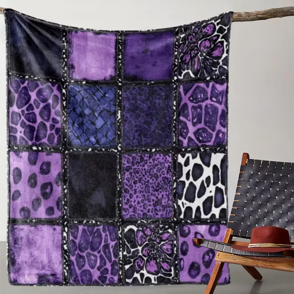 Purple Animal Print Patchwork Flannel Fleece Blanket soft 280 GSM cozy luxury plush warm lightweight bed couch throw blanket decorative fuzzy aesthetic blanket fuzzy blanket for living room bedroom office travel camping