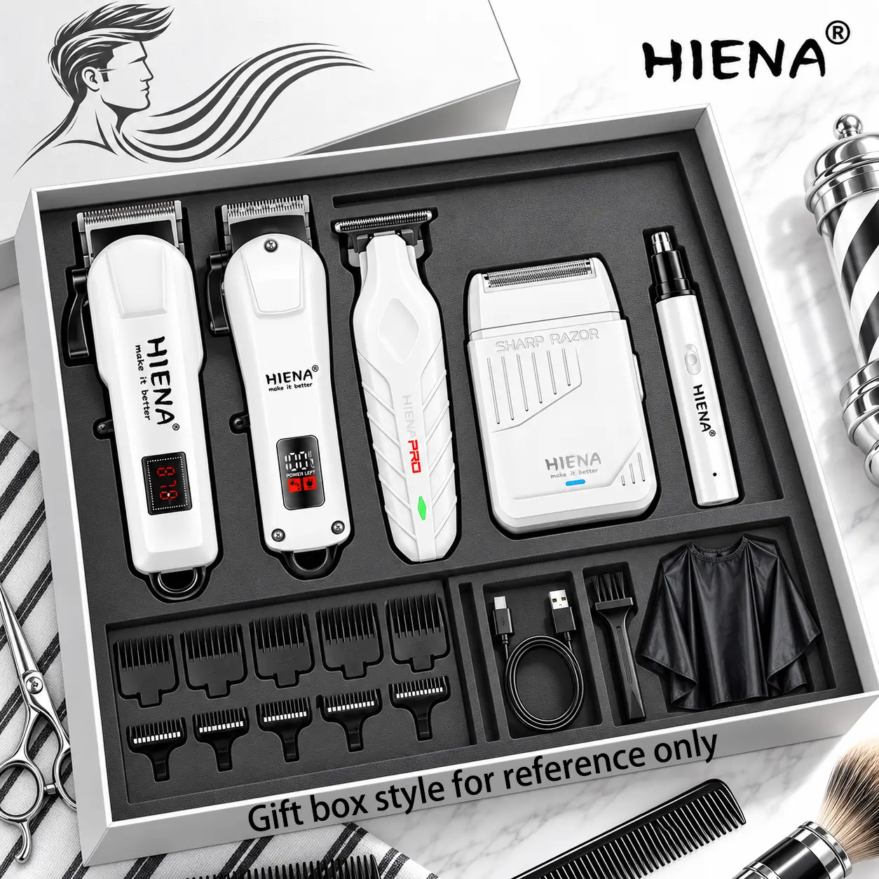 HIENA Professional White 5-Piece Hair Clipper & Trimmer Kit for Men - USB Rechargeable Wireless Barber Set, Fade Clipper, Beard/Mustache Trimmer, Hair Cutter with LCD Display, Adjustable Precision Blades