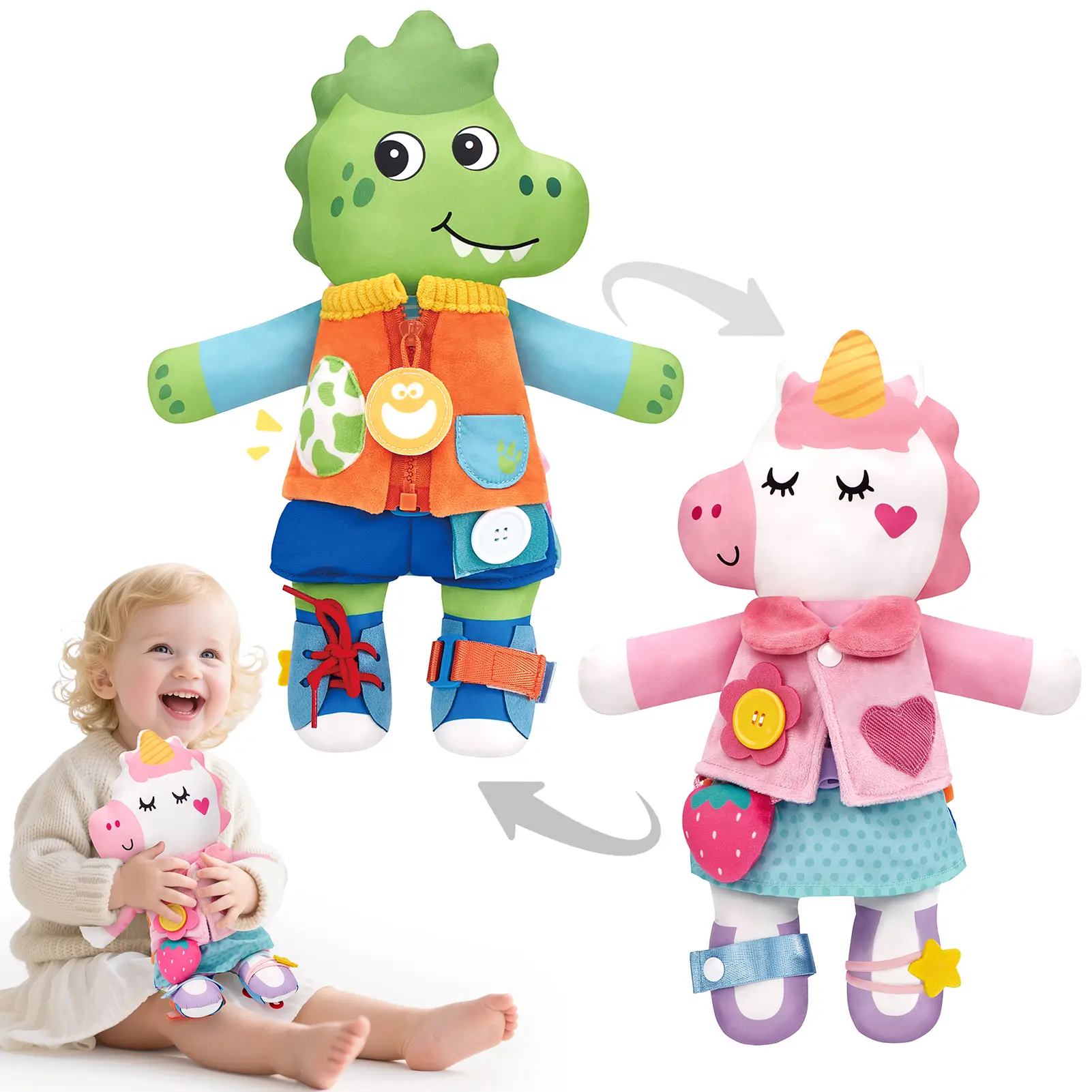 hahaland Reversible Unicorn & Dinosaur Educational Learn to Dress Doll with 15+ Buckle, Snap & Dressing Skills, 2-in-1 Montessori Plush Busy Doll for Toddlers 1-3,Toddler Gifts for 2 Years and Ups