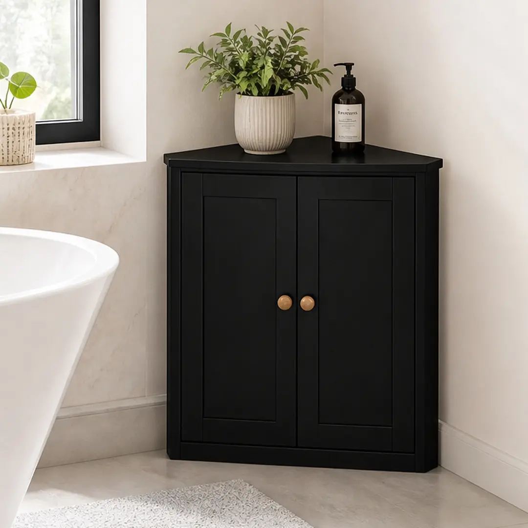 Black Triangle Corner Floor Cabinet with Adjustable Shelves, MDF Bathroom Storage Cabinet with Doors, Modern Freestanding Cupboard for Bathroom, Laundry, Living Room, 17.5W x 24.8D x 31.4H Inches, Black Color Options, MDF Material