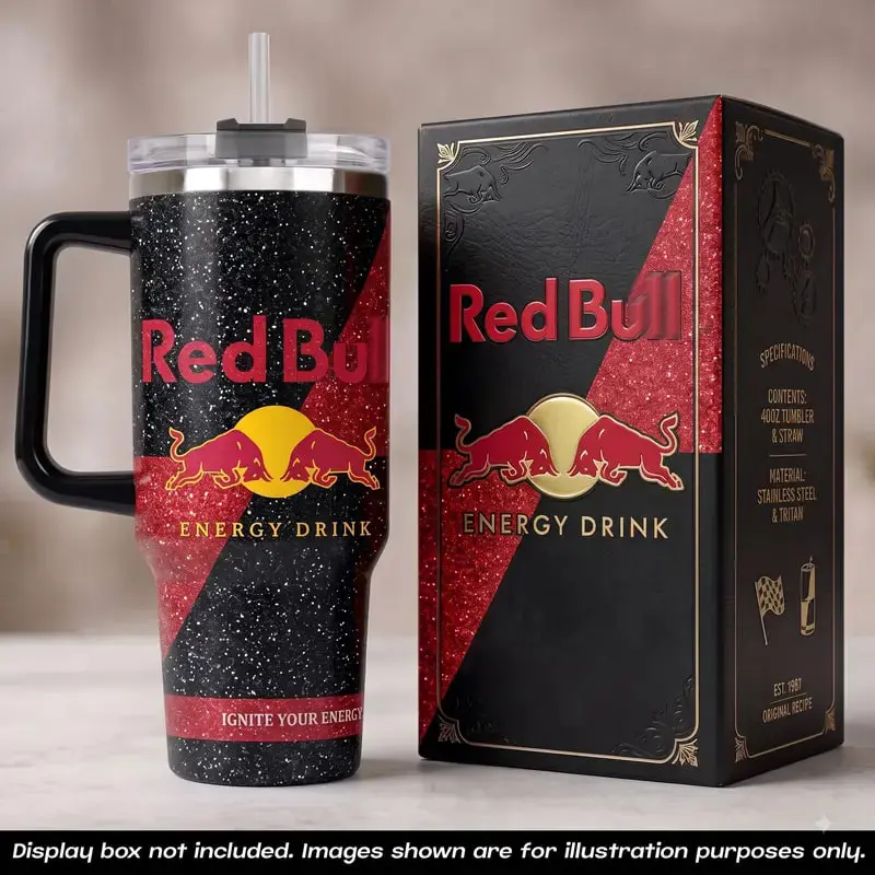 Red Bull 40oz Tumbler with Handle and Straw, Energy Drink Ignite Your Energy EST 1987 Travel Mug, Fighting Bulls Black Red Glitter Sparkle Stainless Steel Vacuum Insulated Coffee Cup, RB F1 Racing Fan Drinkware, Energy Drink Lover Gifts