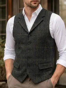 Men's Tweed Vests with Check Patterns for Formal Events, Suitable for Grooms, Groomsmen, Weddings, Dances, Parties, Casual Fishing, Golf, And Retro Suits