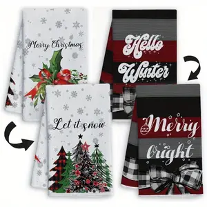 Set of 4 Christmas Kitchen Towels, Absorbent Dish Drying Cloths, Festive Tree Design Tea Towels, Holiday Home Decor, Durable Fabric