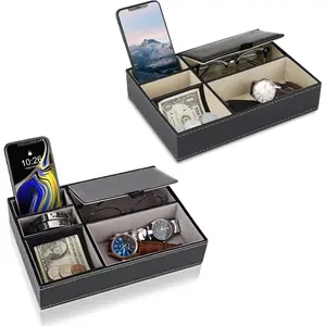 Baoyun Mens Valet Tray Leather Nightstand Dresser Top Edc Tray Catch  Organizer  Accessories with 5 Compartment