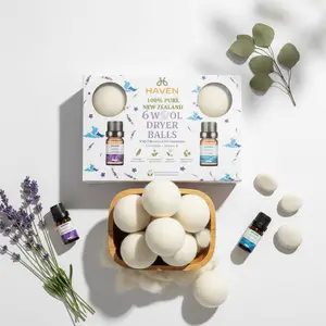 Haven 100% New Zealand Wool Dryer Balls with Lavender & Ocean Essential Oils 6-Pack Natural Reusable Eco-Friendly Laundry Balls Reduce Wrinkles Drying Time Cleaning Cotton