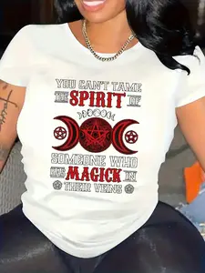 Wo 'S Graphic T-Shirt - "You Can'T Tame The Spirit of Someone Who Has Magic in Their Veins" - Black with Red Pentagram - Crew Neck Short Sleeve Top - Soft Stretchy Everyday Shirt for Wo - Perfect Gift for Occult And Witchy Enthusiasts - Year-Round C