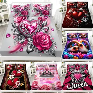 Valentine's Day Pattern Bedding Set, Soft Comfortable Sheet Set, Mattress Protector, Bedroom Guest Room Dorm Decor, Diverse Living Scenarios, 1 Fitted Sheet + 2 Pillowcases